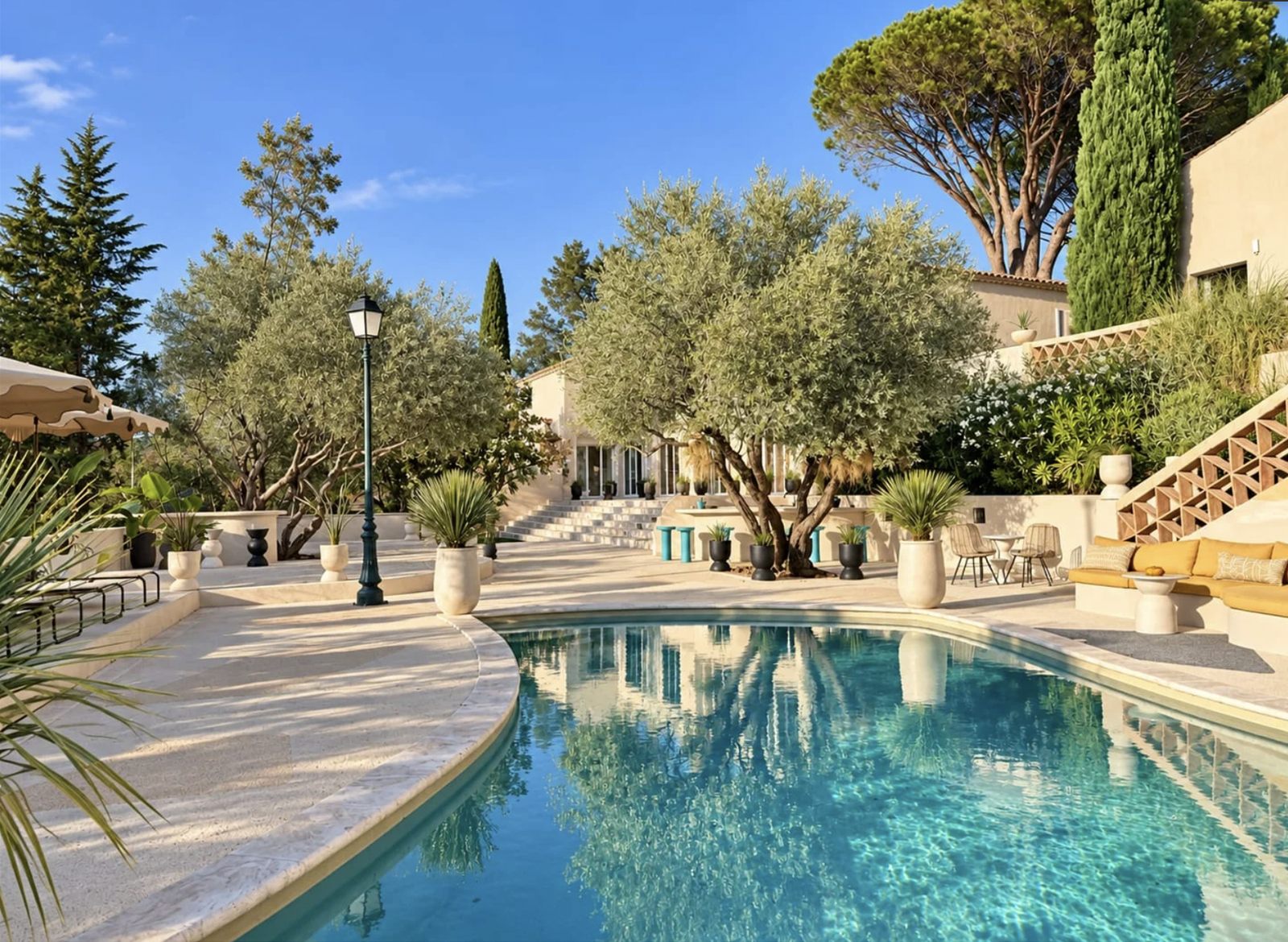 Piscine aux courbes douces entourée d'oliviers