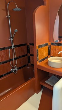Salle de bain terracotta avec niche arrondie et vasque blanche